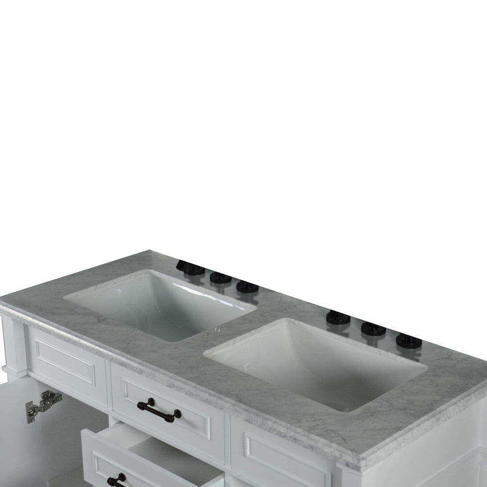 48" Double Vanity, White With White Carrara Marble Top