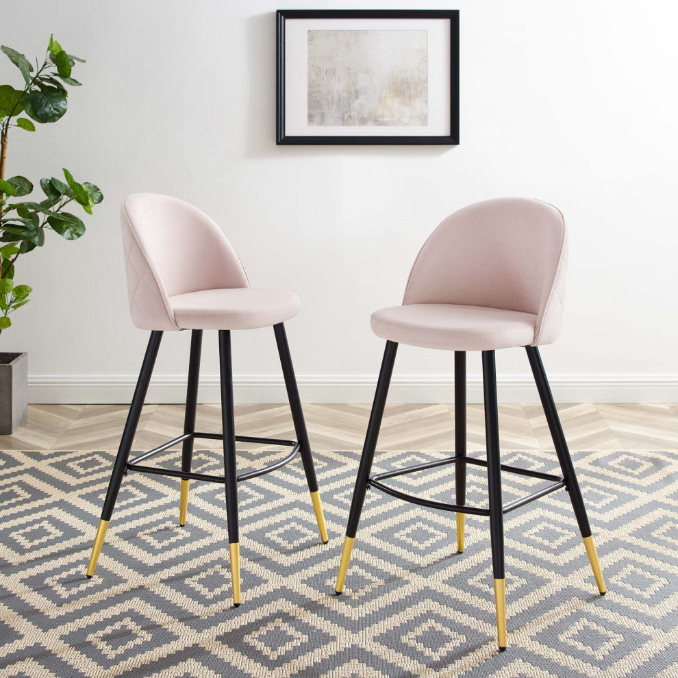Bar Stool Chair Barstool, Set of 2, Velvet, Metal, Pink, Modern, Bar Pub Bistro