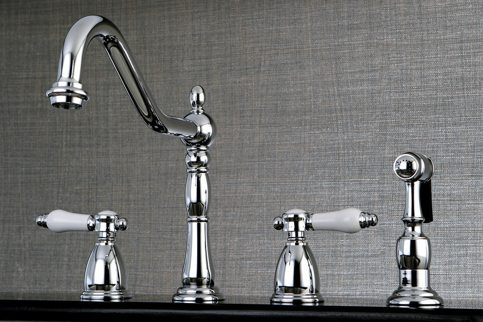 Kingston Brass Widespread Kitchen Faucet With Brass Sprayer, Polished Chrome