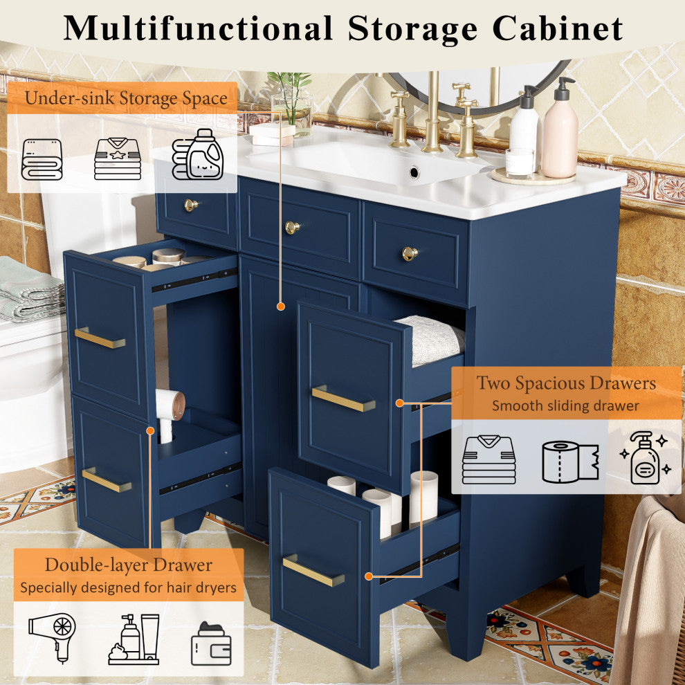 36 Inch Freestanding Bathroom Vanity with Ceramic Sink, Blue
