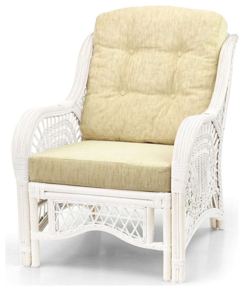 Malibu Lounge Armchair, Natural Rattan Wicker, White, Cream Cushions
