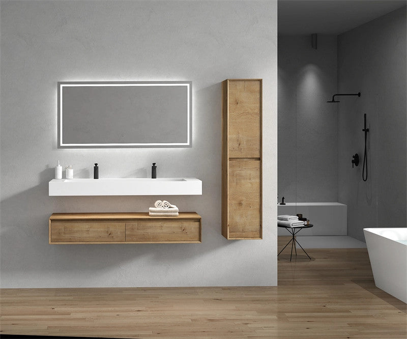 Alysa 60'' Floating Vanity, Acrylic Sink, Double Faucet Hole, White Oak