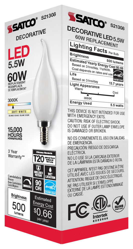5.5W CA10 LED, Frost, Candelabra Base, 90 CRI, 3000K, 120V
