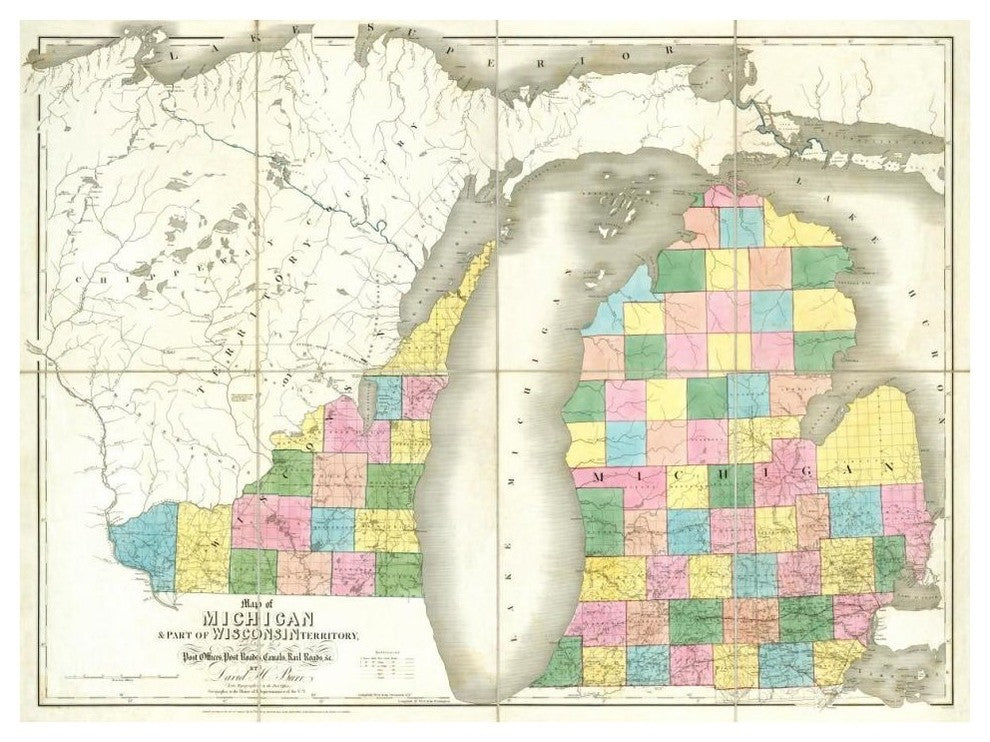 "Map of Michigan & Part of Wisconsin Territory, 1839" Paper Art, 42"x32"