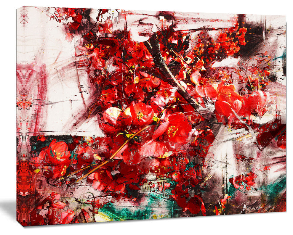Red Flowers Texture Watercolor, Large Abstract Canvas Artwork, 40"x30"