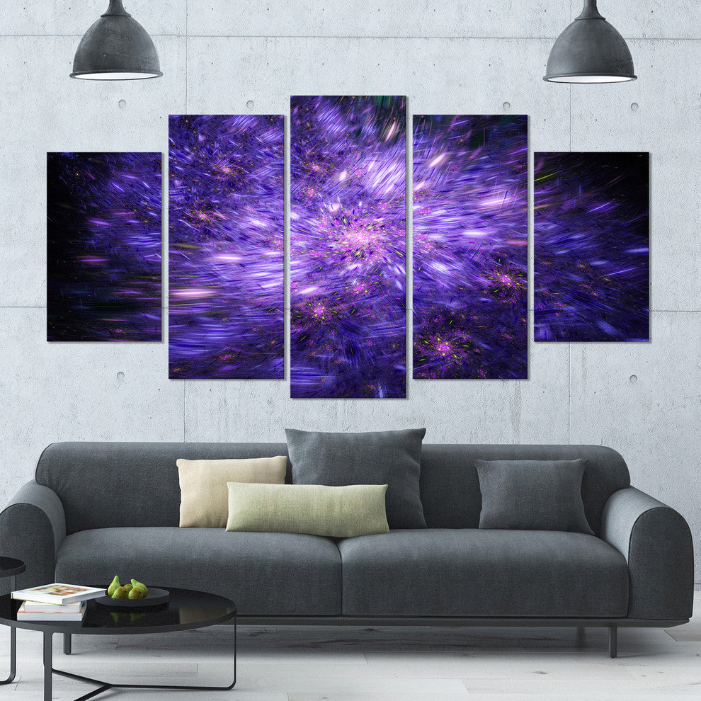 Purple Fireworks on Black, Contemporary Art on Canvas, 60"x32", 5 Panels