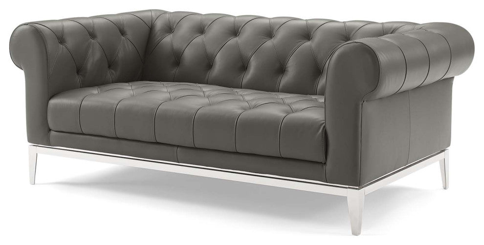 Tufted Armchair and Loveseat Sofa Set, Leather, Gray, Modern, Lounge