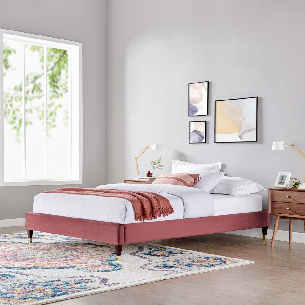 Platform Bed Frame, Queen Size, Velvet, Pink, Modern Contemporary, Bedroom