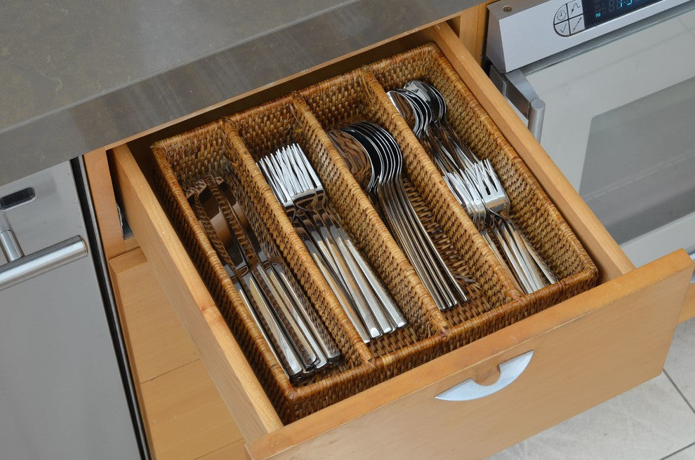 La Jolla Rattan Silverware Tray and Organizer, Honey-Brown