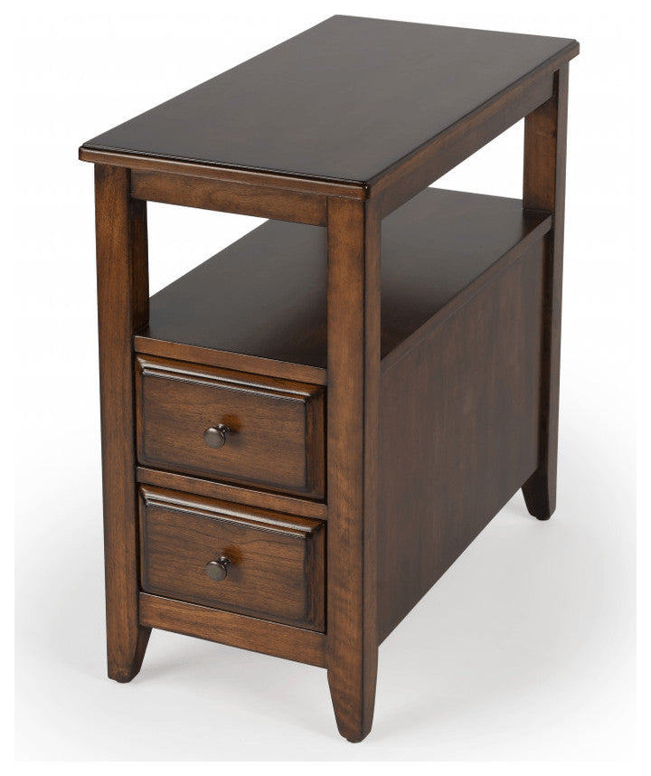 24" Cherry Brown Narrow End Table With Two Drawers And Shelf