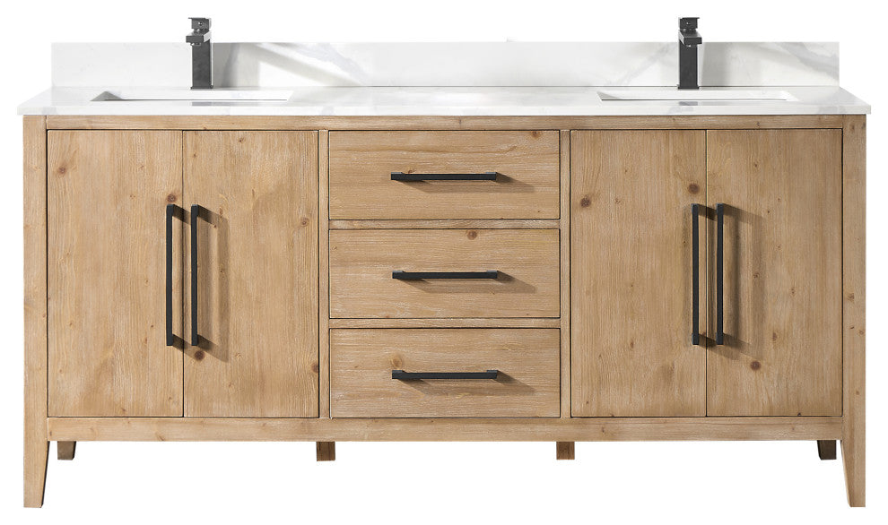 Laurel Bathroom Vanity with Calacatta White Quartz Stone Countertop, Weathered Fir, 72", Without Mirror