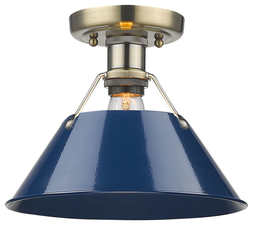 Golden Lighting Orwell Flush Mount, Aged Brass, Navy Blue Shade