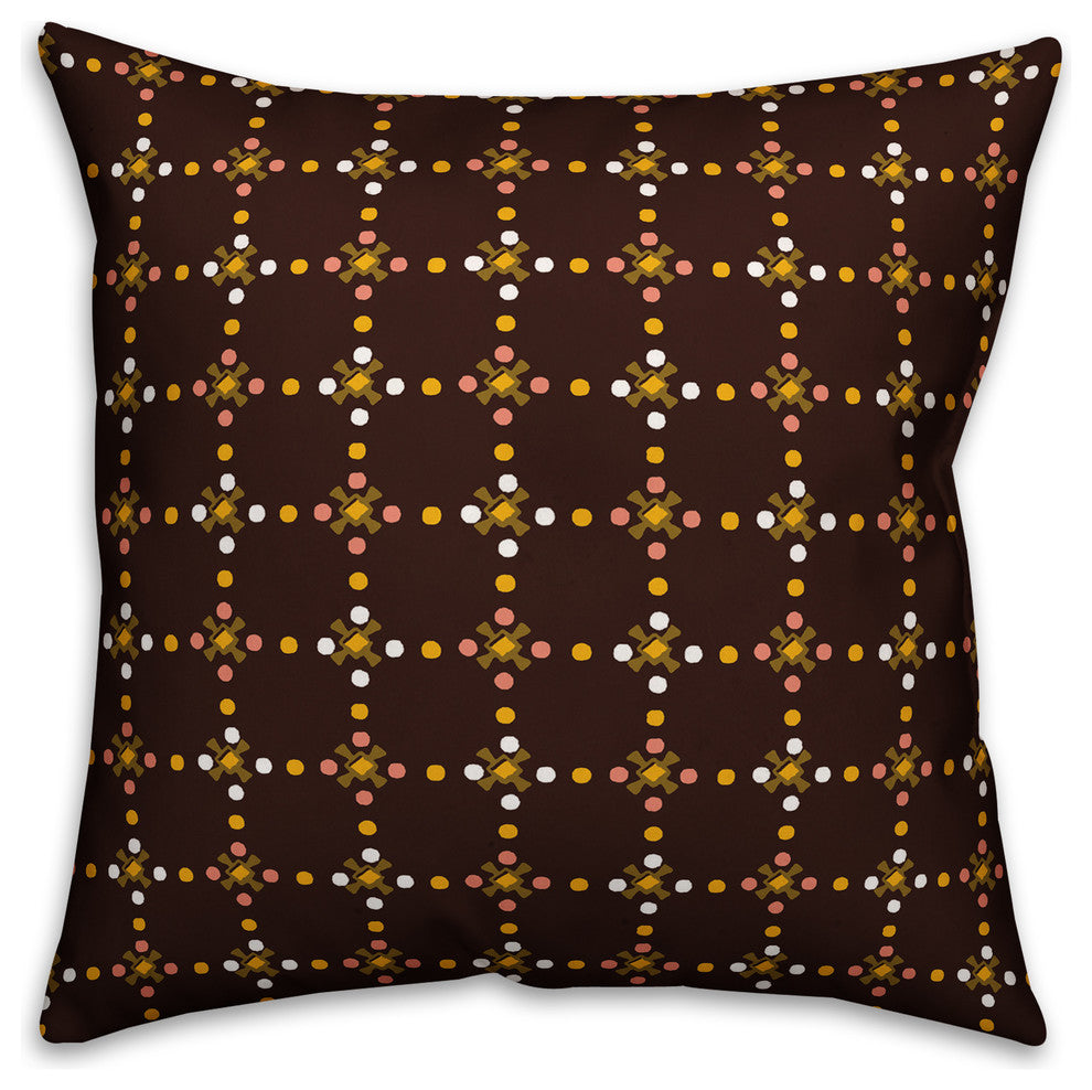 Whimsical Folk Pattern, Brown Outdoor Throw Pillow, 18"x18"
