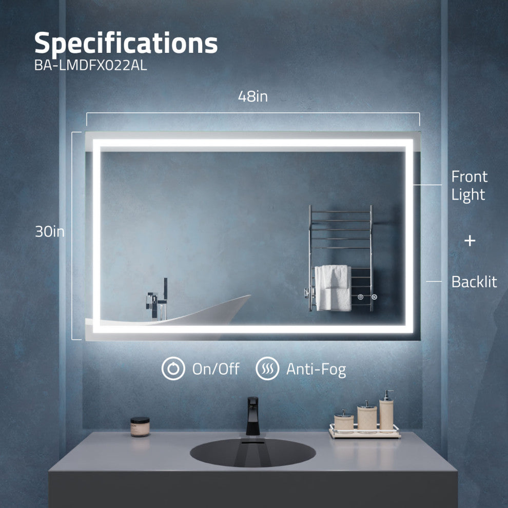 ANZZI 30" x 48" Frameless LED Front/Back Light Bathroom Mirror WithDefogger