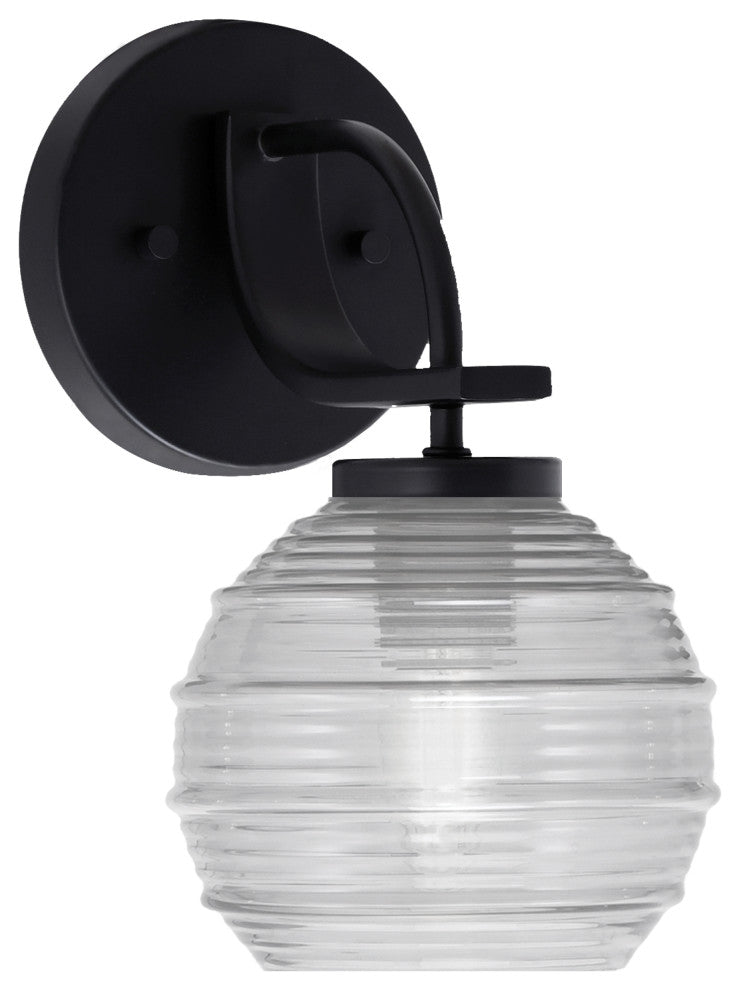 Cavella 1 Light Wall Sconce, Matte Black Finish, 6" Clear Ribbed Glass