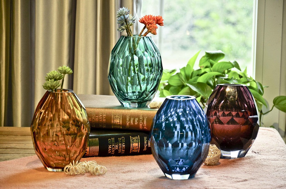Diamond Solid Color Hand Blown Art Glass Vase, Gift Box, Blue