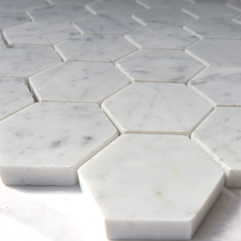 Carrara White Hexagon Polished Tile, 12"x12", Set of 30