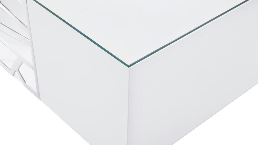Liera Coffee Table Clear Tempered Glass Top White Lacquer Base Stainless Steel