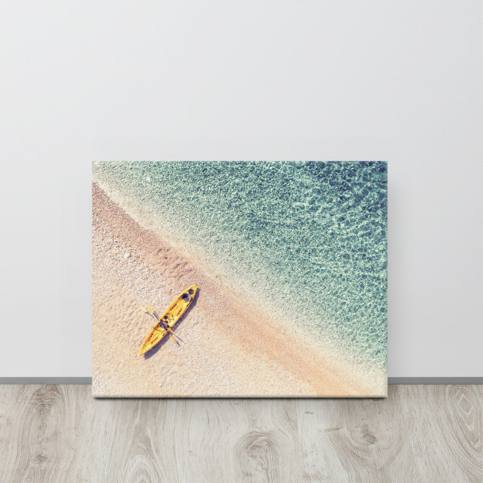 Yellow Canoe and Blue Sea by with Soft Violet Effect Canvas Wall Art Prints, 16" X 20"