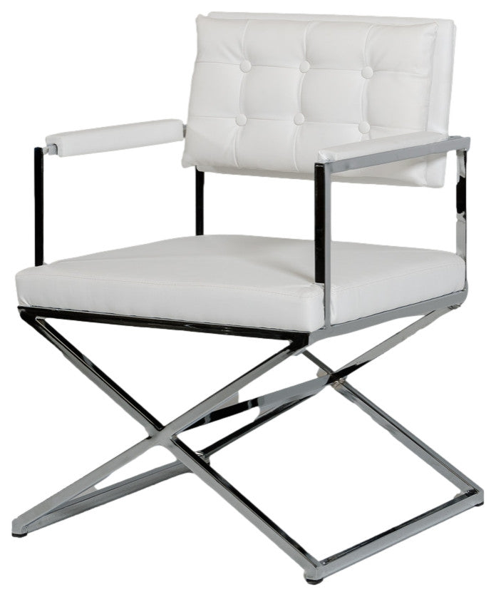 HomeRoots 33" White Leatherette and Steel Dining Arm Chair
