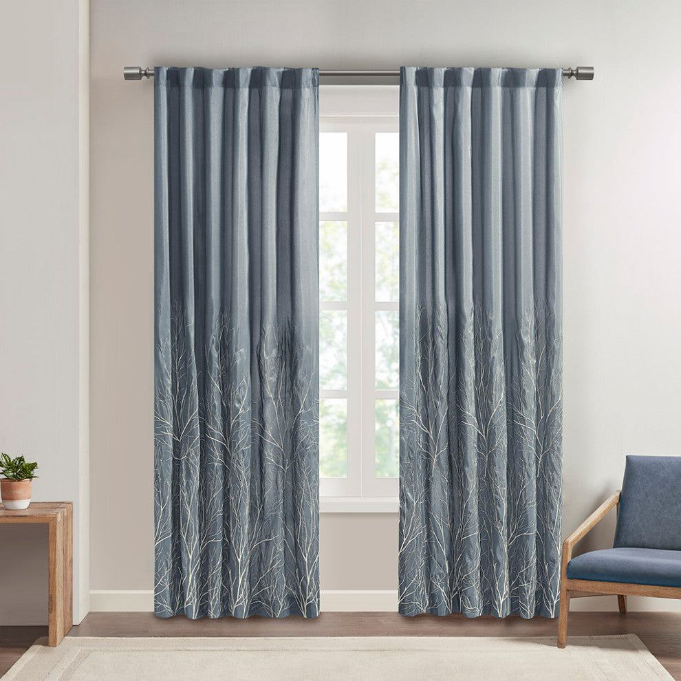 Madison Park Andora Embroidered Branches Faux Silk Window Panel, Blue, Blue, 84"