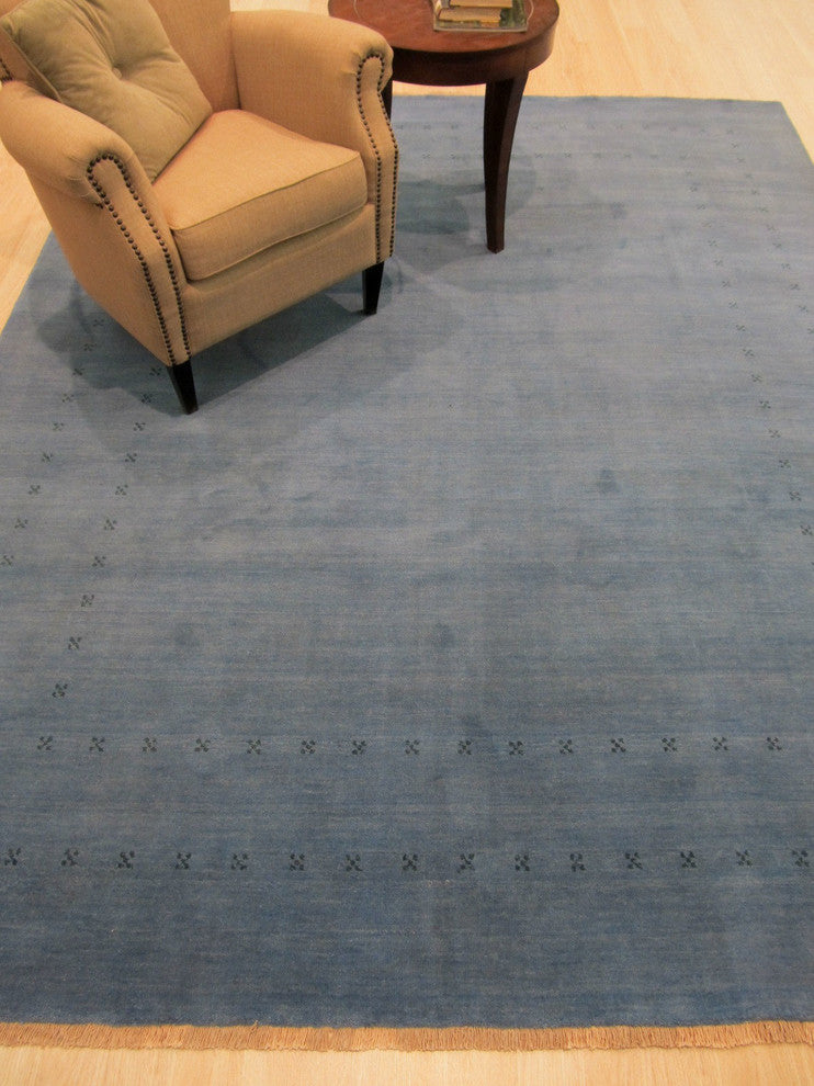 EORC Handmade Wool Blue Traditional Solid Lori Baft Rug, Rectangular 10'x14'