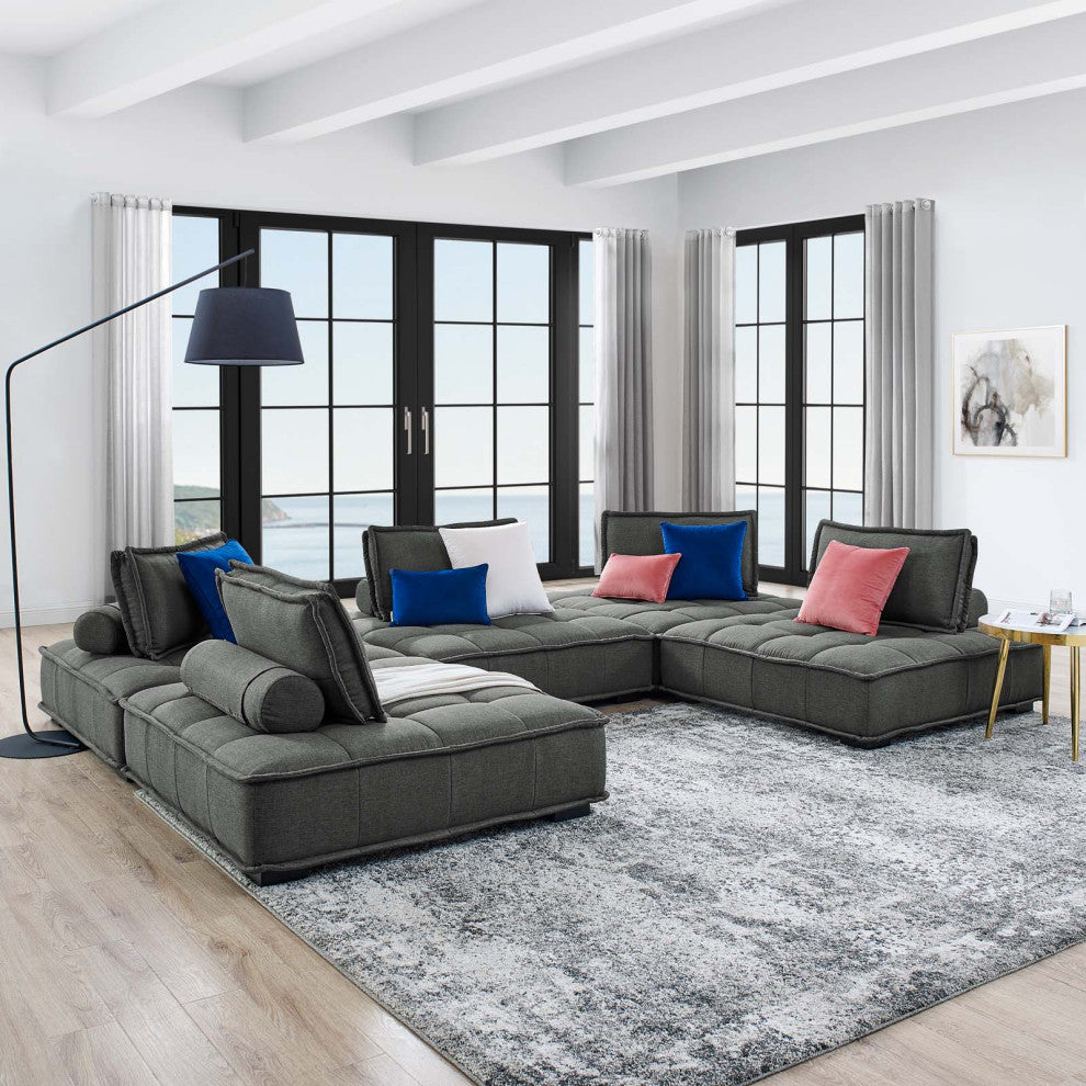 Modular Deep Tufted Sectional Sofa Set, Gray, Fabric, Modern, Hospitality