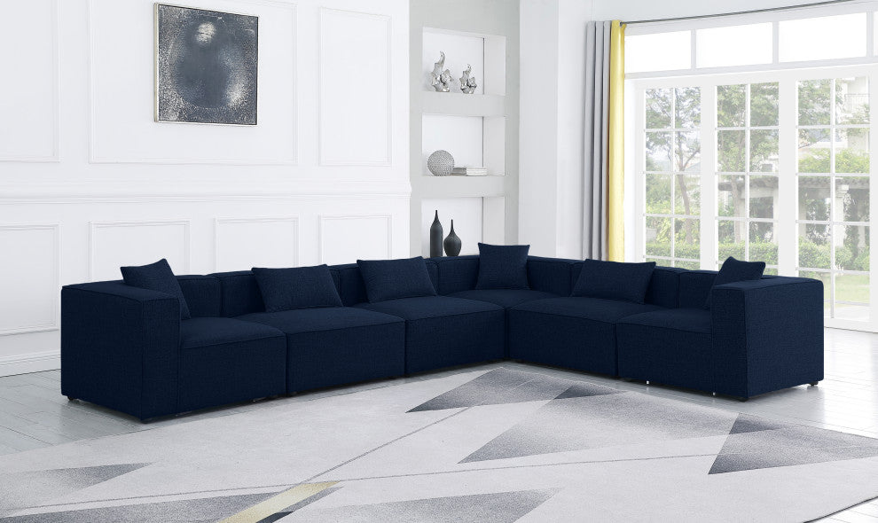 Cube Upholstered Modular Sectional, Navy, 6-Piece: 3 Armless Chair, 3 Corner Chair, Linen Texured Fabric