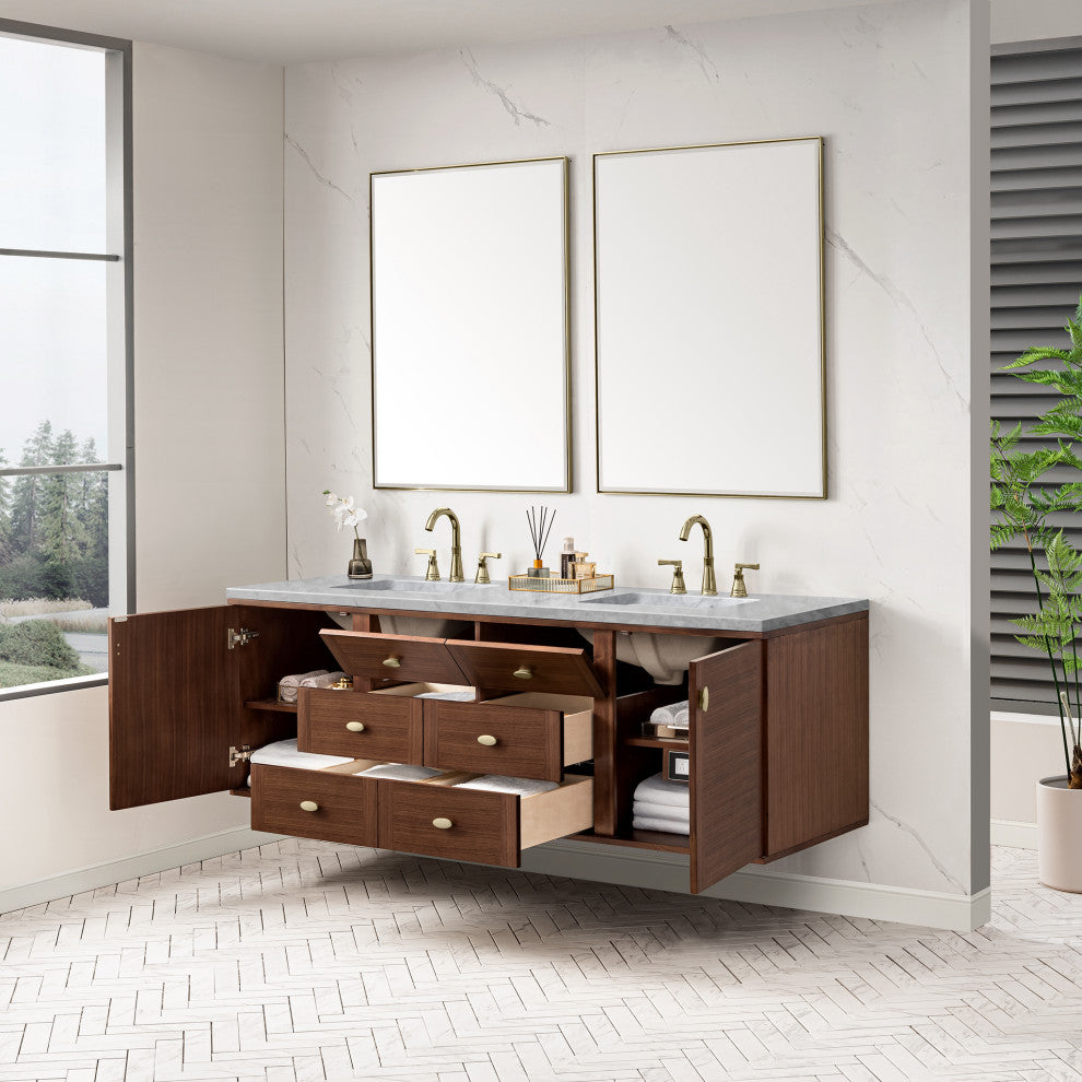 Amberly 30" Single Vanity, Mid-Century Walnut, 72", Carrara Marble, Three-Hole