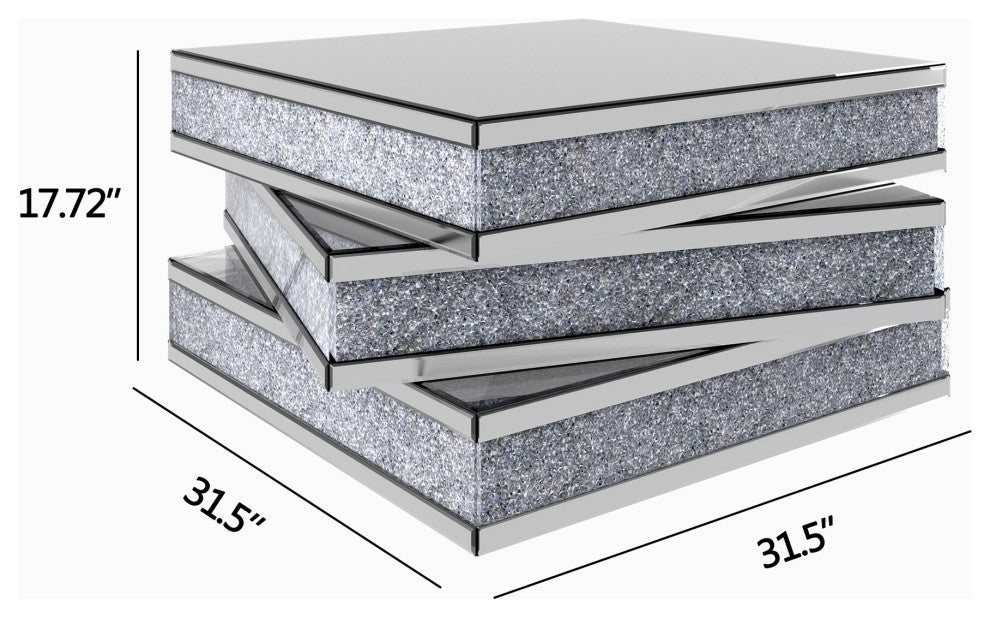 32" Rubik's Bling Silver Mirror and Faux Crystals Coffee Table