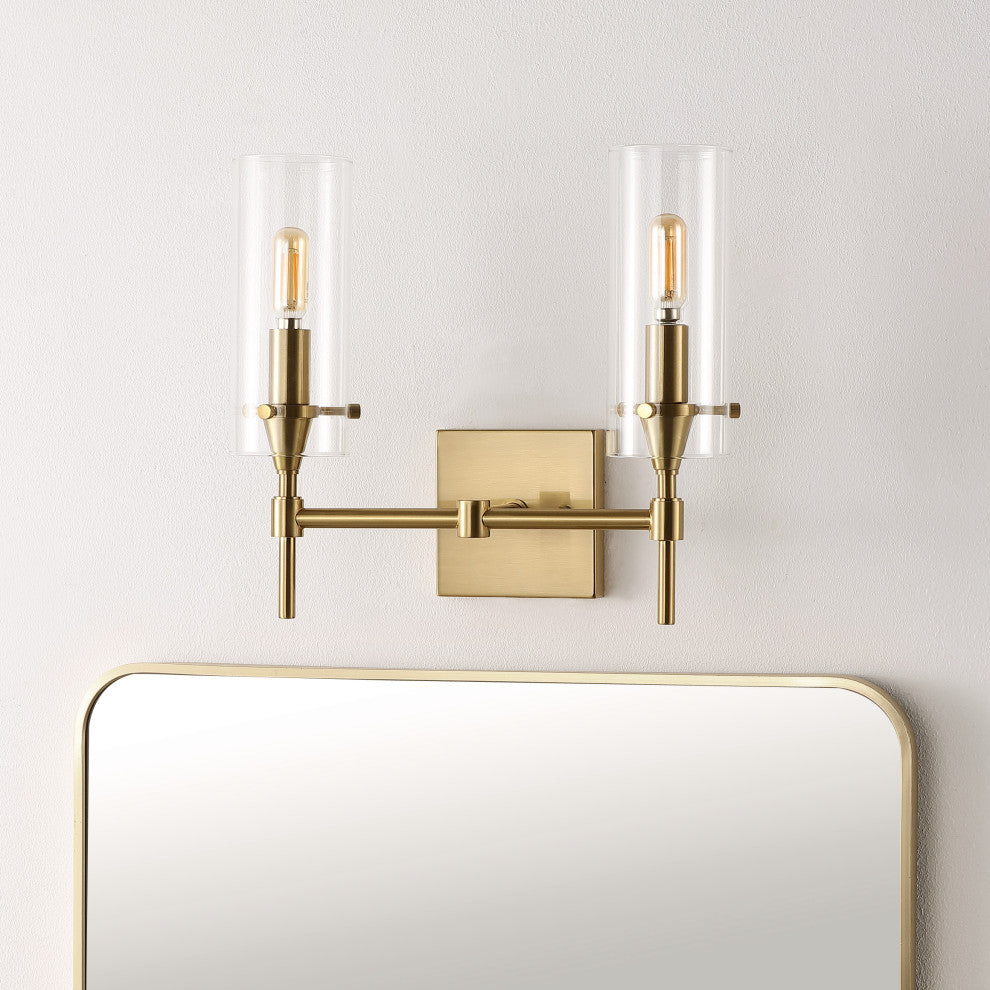 Cato 13.5" 2-Light Modern Farmhouse Iron/Glass Vanity, Oil Rubbed Bronze/Clear
