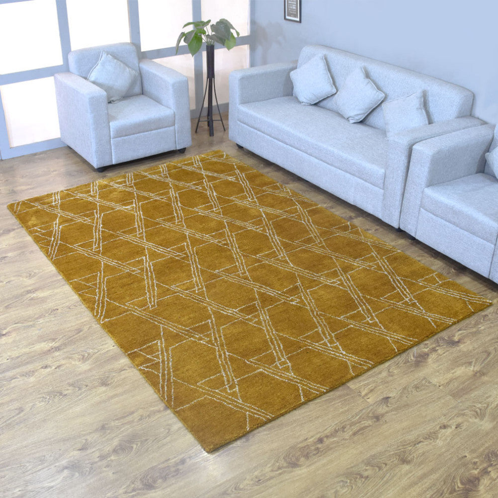 HAND KNOTTED LOOM SILK ECO-FRIENDLY RUGS-5'x8',Rectangle,Gold Beige,Contemporary