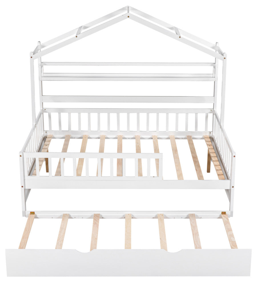 Gewnee Wood Full Size House Bed with Trundle for Kids in White