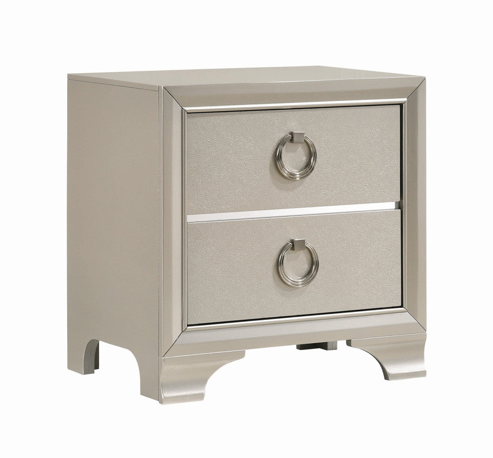 Benzara BM196266 2 Drawers Wooden Nightstand with Oversized Ring Handles, Silver