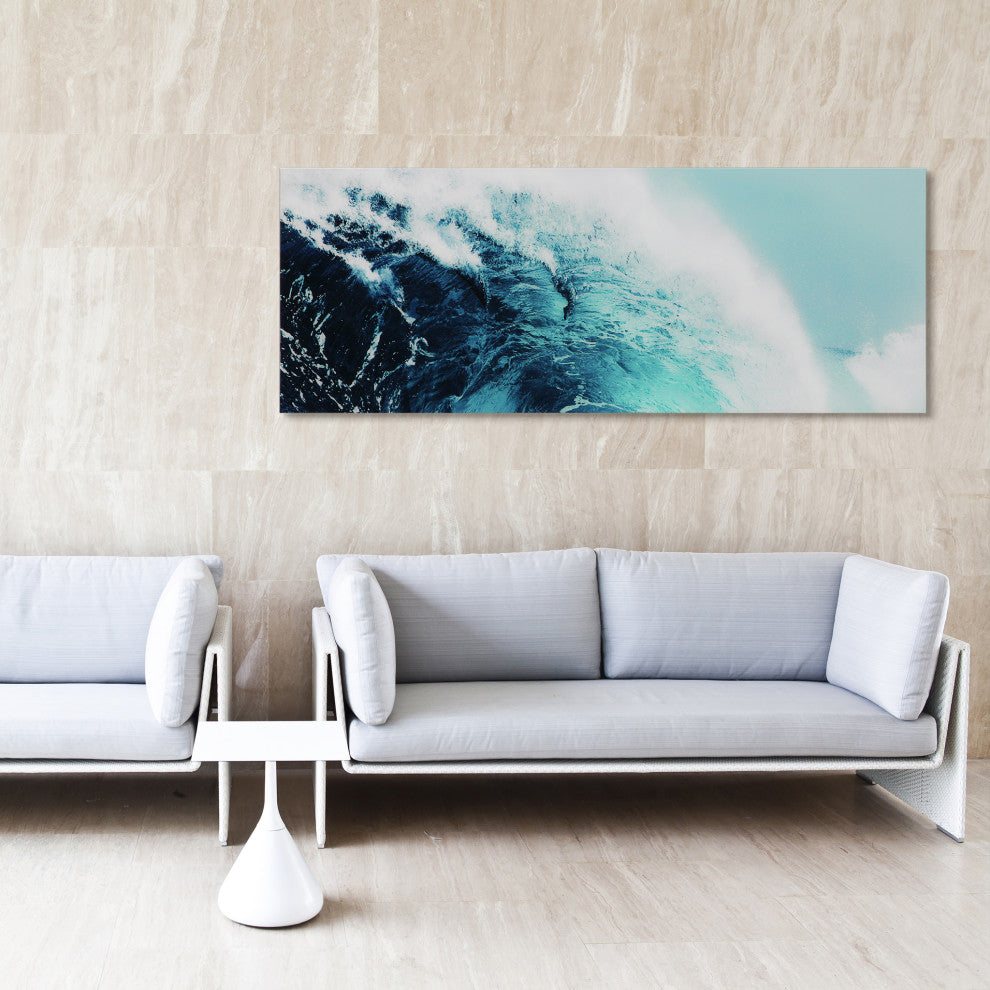 "Blue Wave 1" Wall Art Frameless Free Floating Tempered Glass Print 24" x 63"