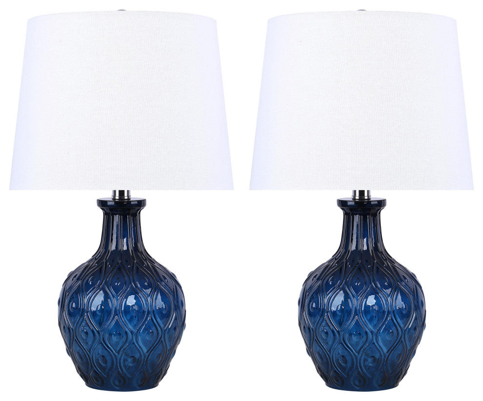 20.5" Patterned Dark Moroccan Blue Glass Table Lamp, Off-White Shades, Set of 2