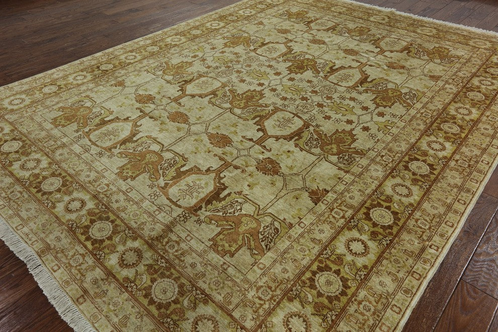 Ivory Chobi Oushak Style Peshawar Quality Hand-Knotted Wool Rug, 9'x12'