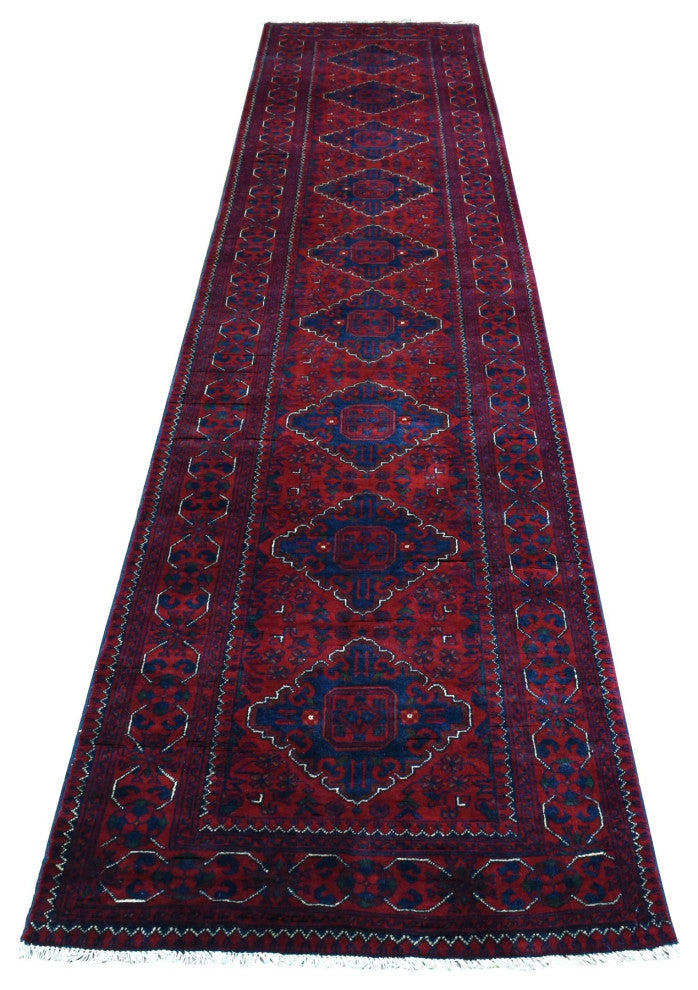 Red Hand Knotted Tribal Design Wool Afghan Khamyab Runner Rug, 2'9"x13'0"