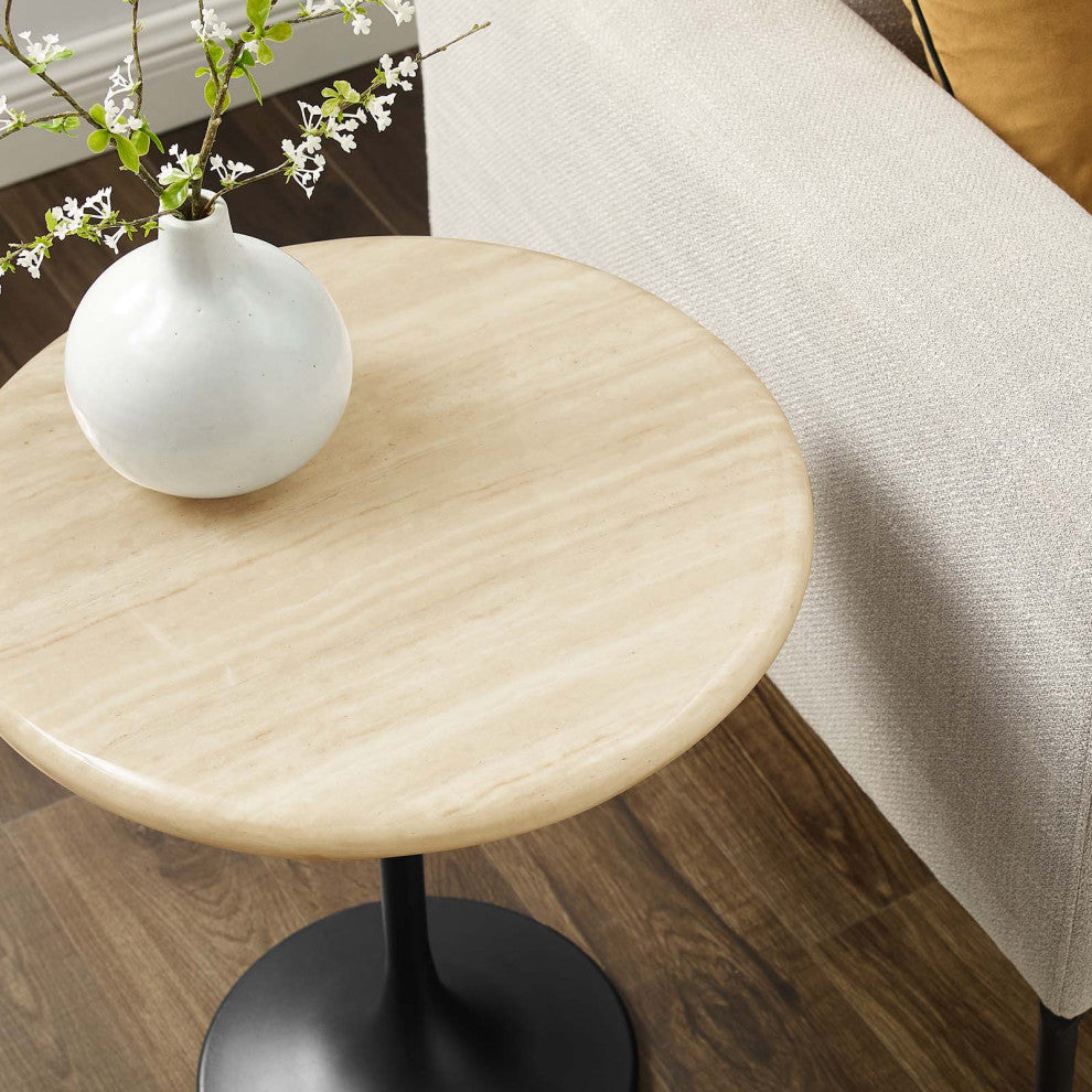 Lippa 20" Round Artificial Travertine Side Table, Black Travertine