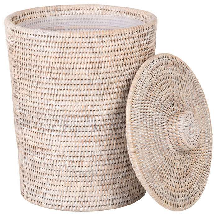 La Jolla Rattan Waste Basket With Plastic Insert, Large, White-Wash