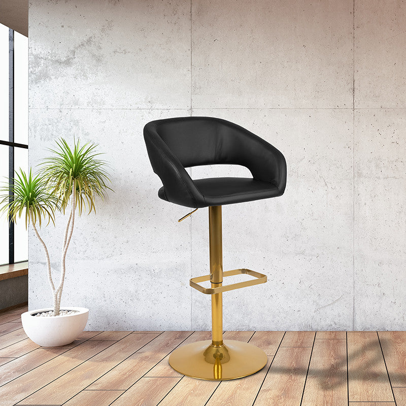Black Vinyl Adjustable Barstool with Rounded Mid-Back and Gold Base
