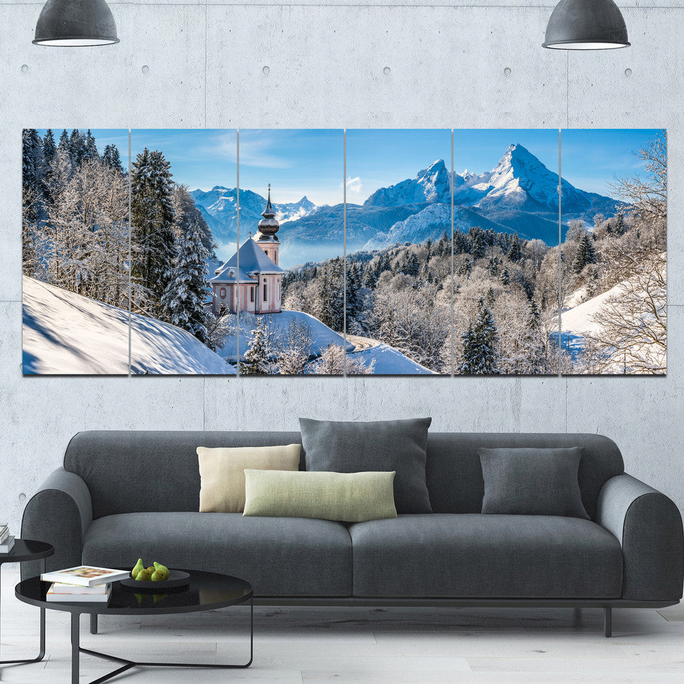 Winter in the Bavarian Alps, Landscape Canvas Art Print, 70"x28", 6 Panels