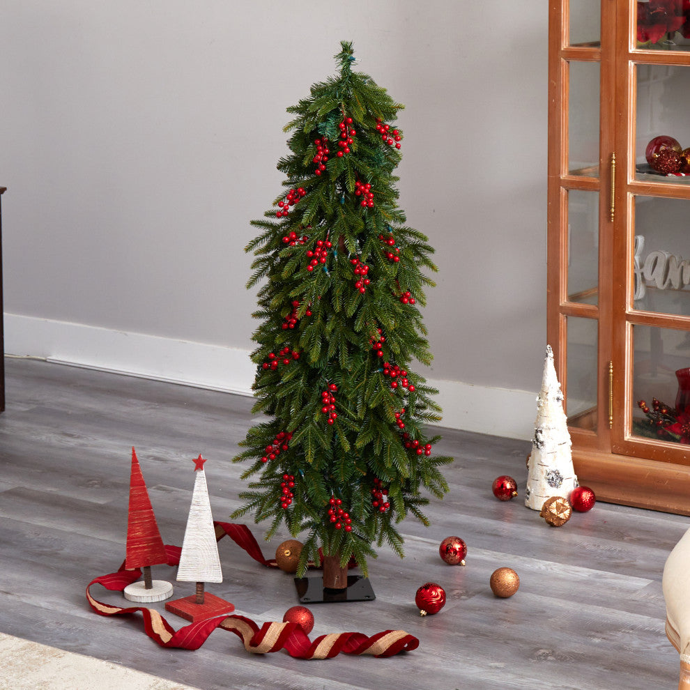 4' Victoria Fir Faux Xmas Tree W/ Lights, Berries & Bendable Branches