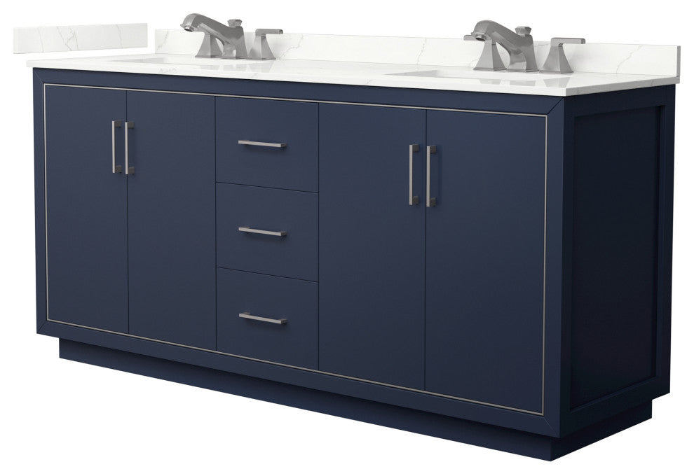 Icon 72" Dark Blue Double Vanity, Quartz Top, 3-Hole, Nickel Trim