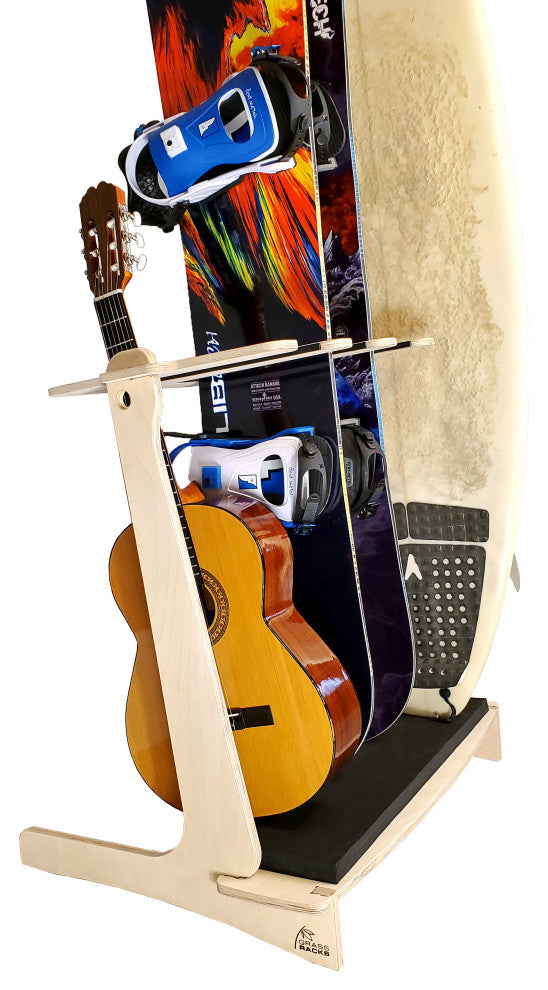 Indoor Vertical Freestanding SURFBOARD RACK | SNOWBOARD RACK | GUITAR RACK, Birch, 4 Boards/Guitars