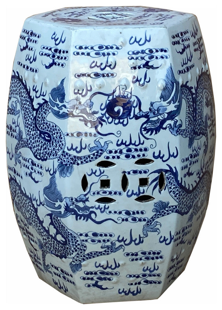 Chinese Blue & White Porcelain Hexagon Double Dragons Table Stool Hcs7004