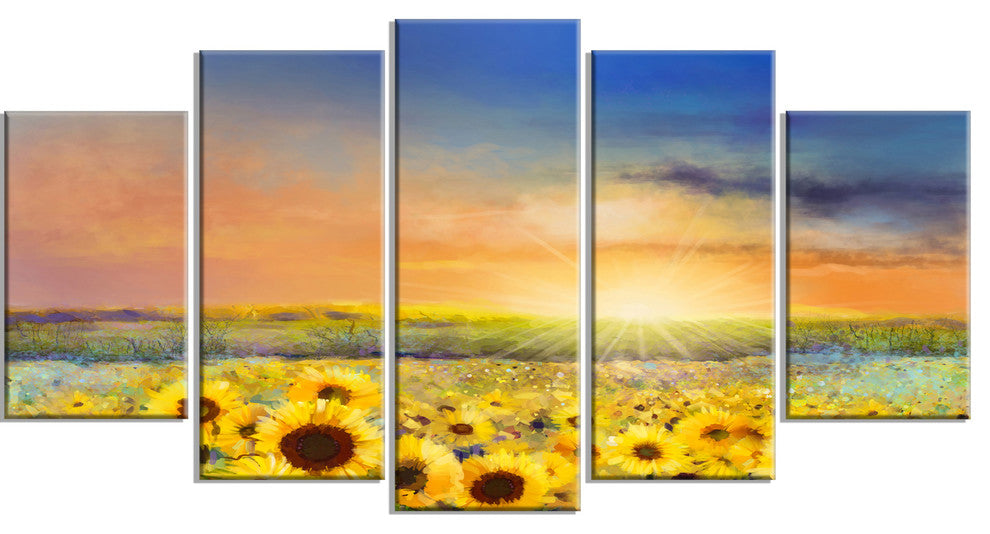 Sunset over Golden Sunflower Field, Floral Canvas Art Print, 60"x32", 5 Panels