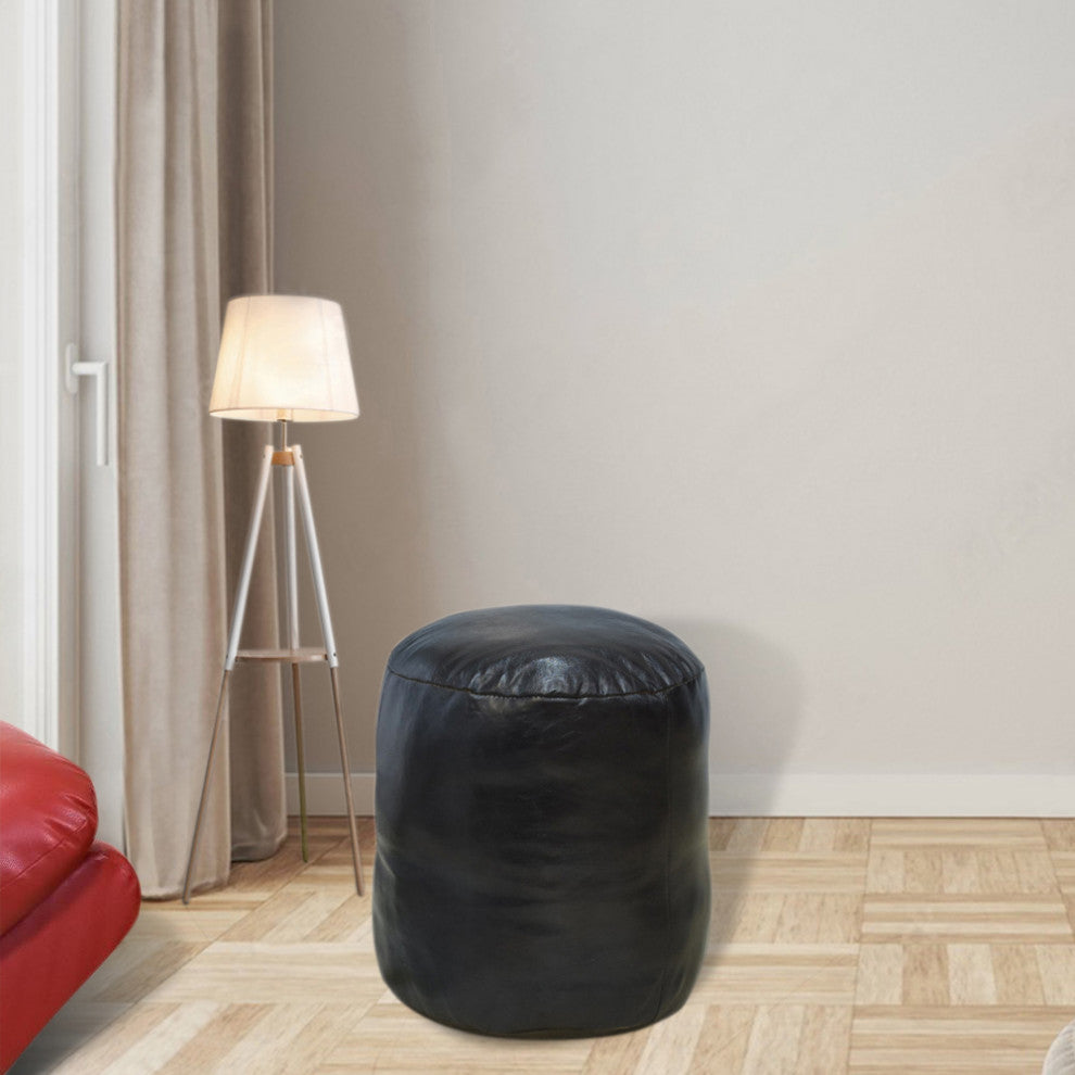 Pouf-Solid Handmade Leather Pouf (Recycled Foam with Fiber Fill), Chocolate Brown, (Round)16x16x16