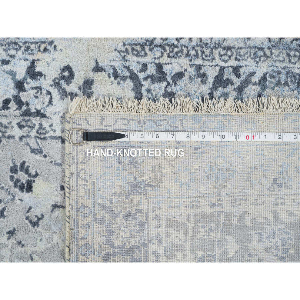 Gray Pure Silk With Wool Hand Knotted Broken Kashan Design Runner Rug, 2'9"x7'8"