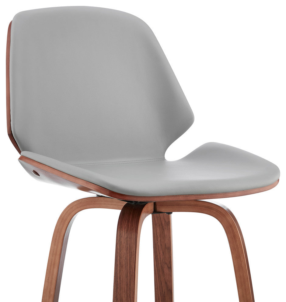Arabela Faux Leather and Wood Swivel Bar Stool, Gray and Walnut